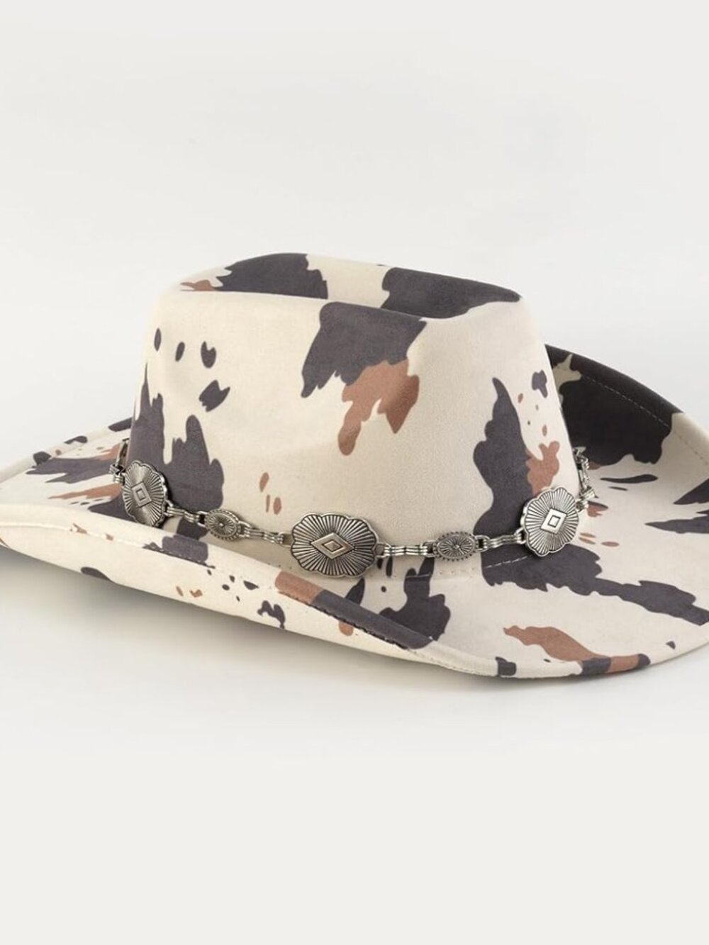 Cowhide Print Western Fedora Hat with Concho Band - Cream & Brown